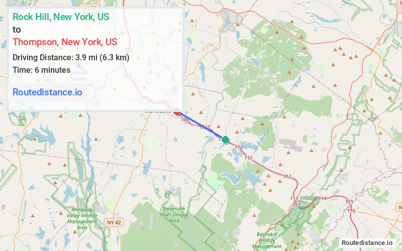 Route map from Rock Hill to Thompson