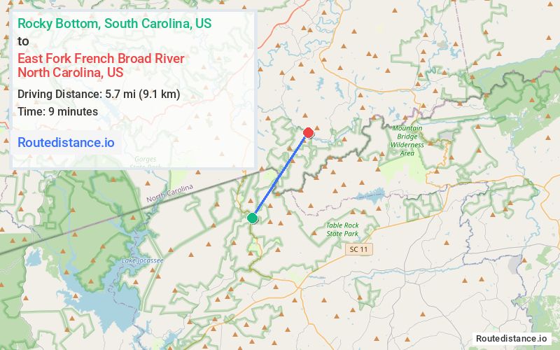 Route map from Rocky Bottom to East Fork French Broad River