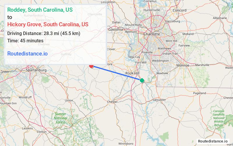 Distance from Roddey to Hickory Grove