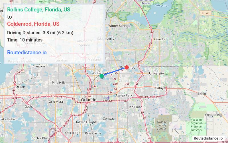 Route map from Rollins College to Goldenrod