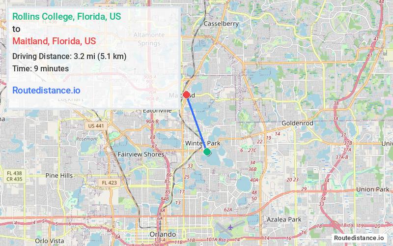 Route map from Rollins College to Maitland