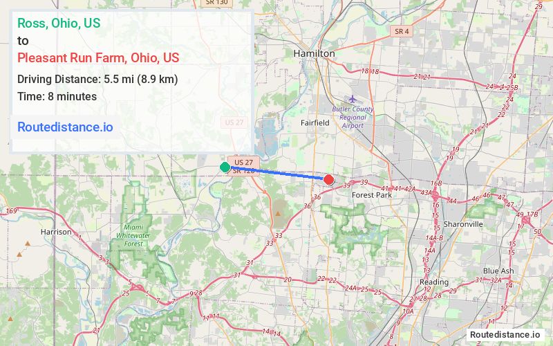 Route map from Ross to Pleasant Run Farm