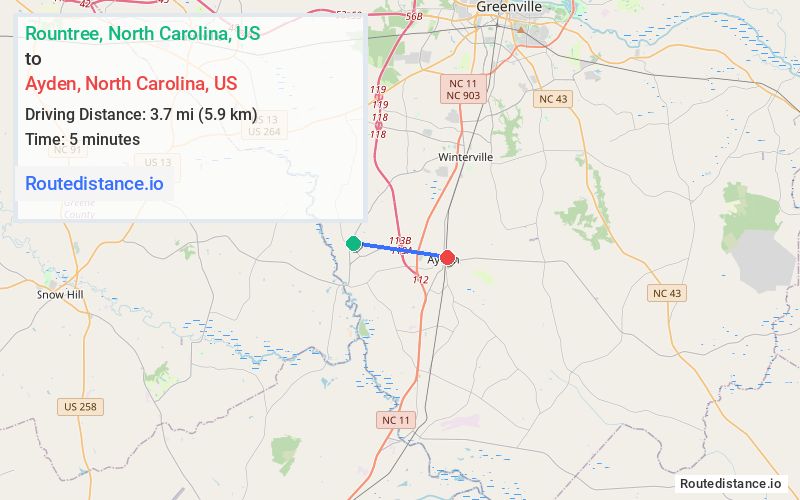 Route map from Rountree to Ayden