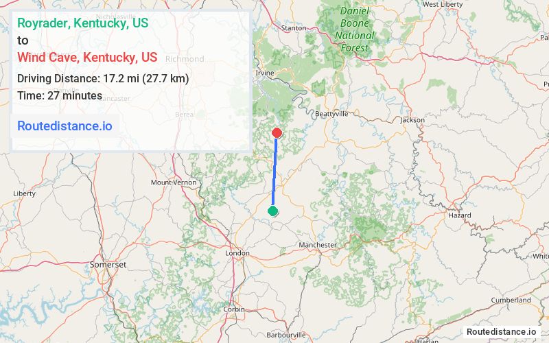 Distance from Royrader to Wind Cave