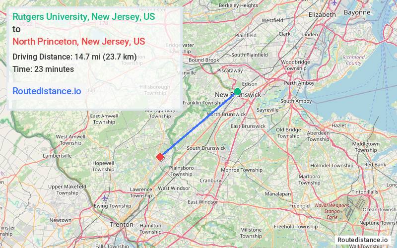 Route map from Rutgers University to North Princeton