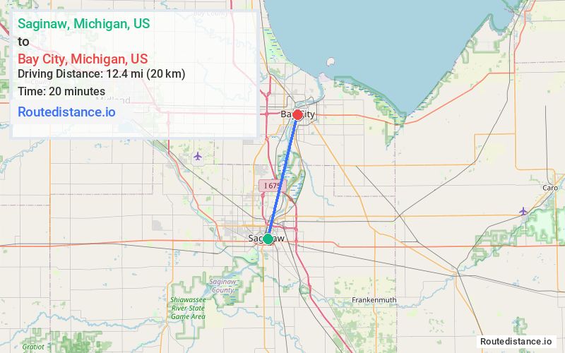 Route map from Saginaw to Bay City
