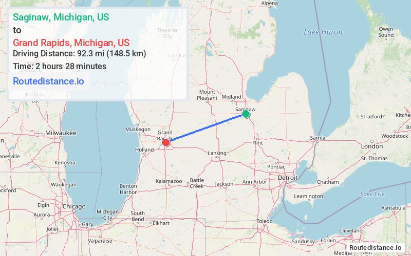 Route map from Saginaw to Grand Rapids