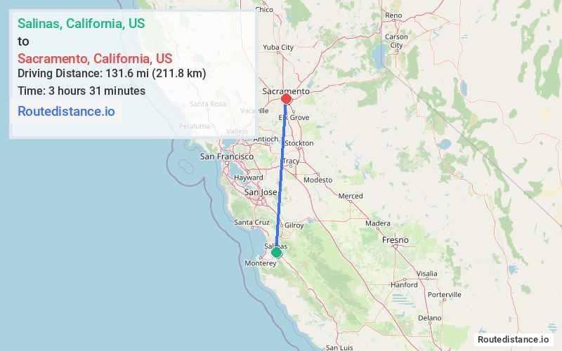 Route map from Salinas to Sacramento