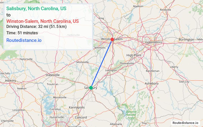 Route map from Salisbury to Winston-Salem