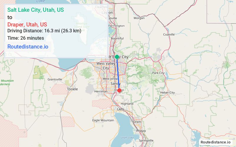 Route map from Salt Lake City to Draper