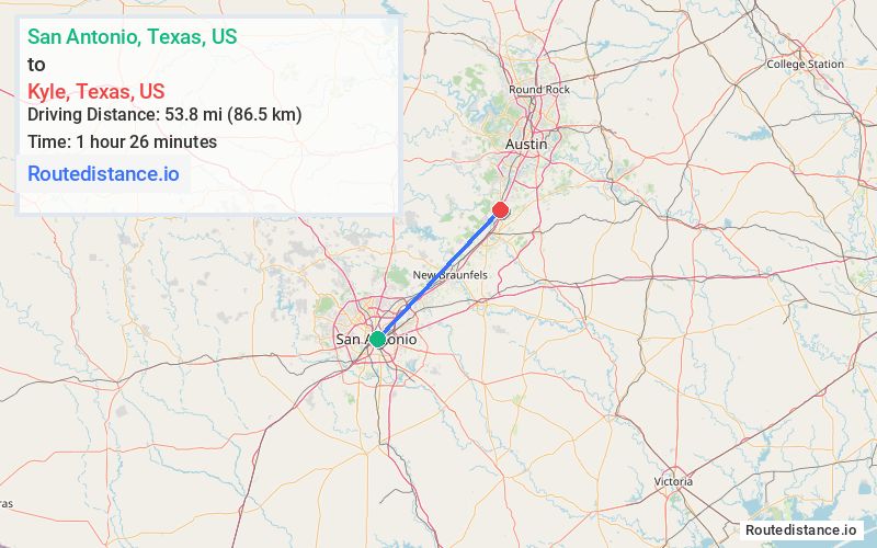Route map from San Antonio to Kyle