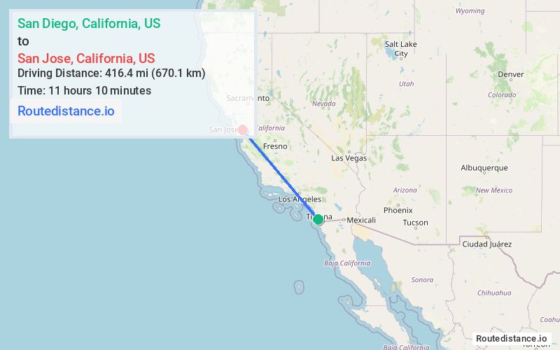 Route map from San Diego to San Jose