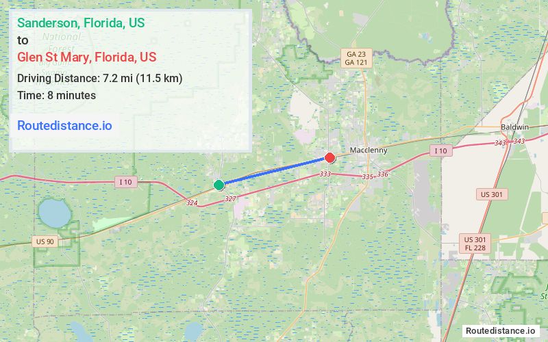 Route map from Sanderson to Glen St Mary