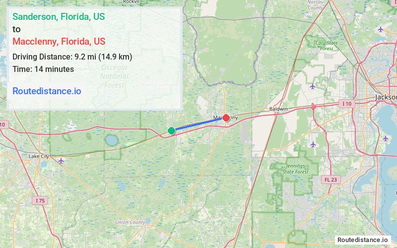 Route map from Sanderson to Macclenny