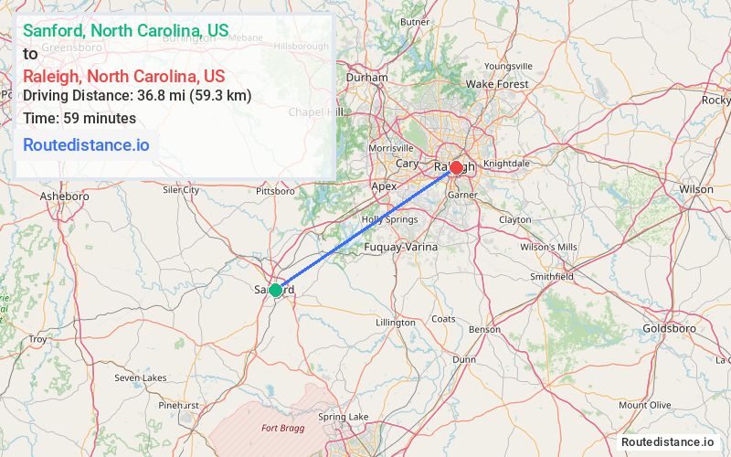 Route map from Sanford to Raleigh