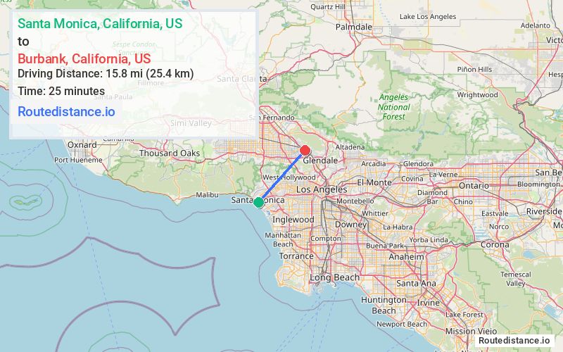 Route map from Santa Monica to Burbank