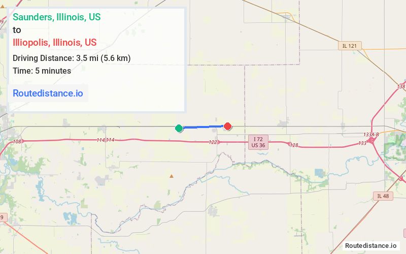 Route map from Saunders to Illiopolis