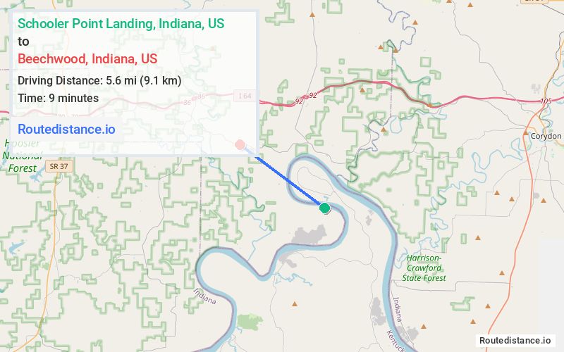 Route map from Schooler Point Landing to Beechwood