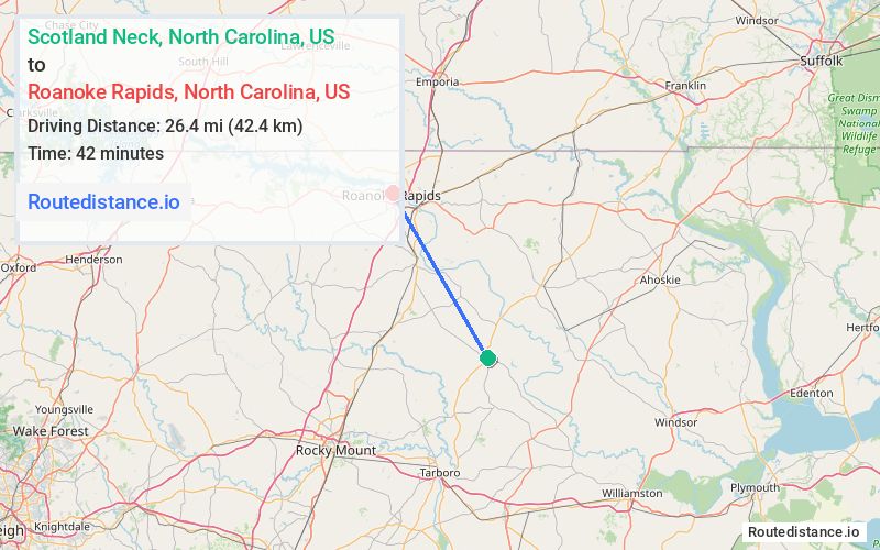 Route map from Scotland Neck to Roanoke Rapids