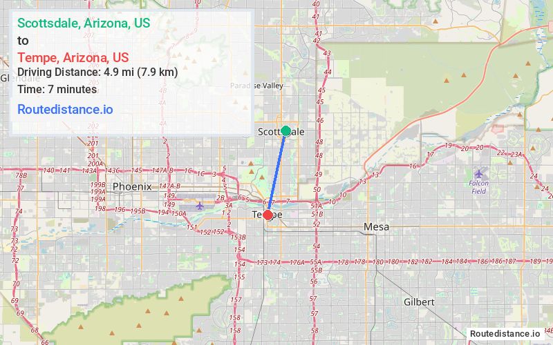 Route map from Scottsdale to Tempe