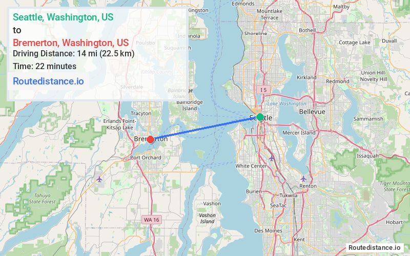 Route map from Seattle to Bremerton