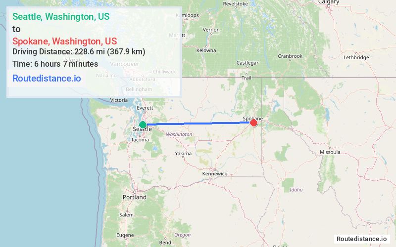Route map from Seattle to Spokane