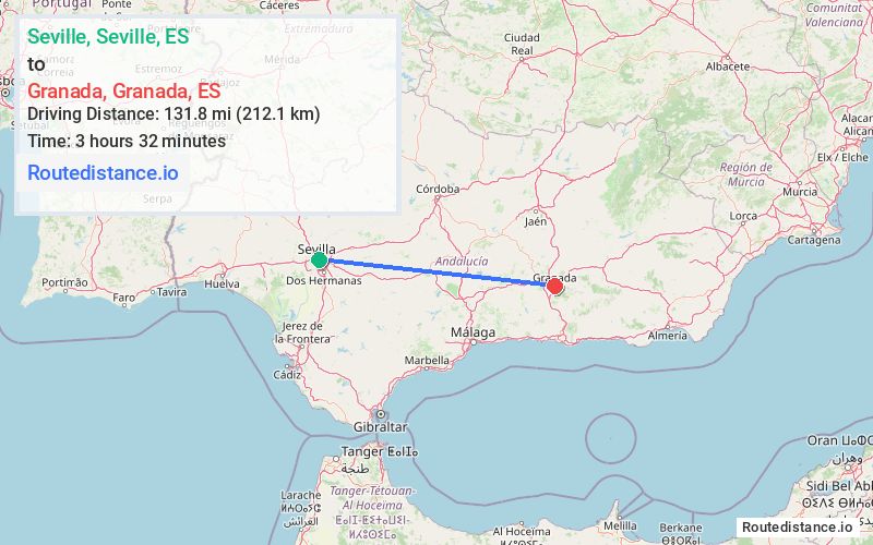 Route map from Seville to Granada