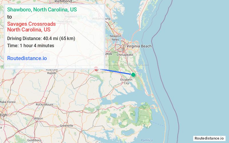 Route map from Shawboro to Savages Crossroads