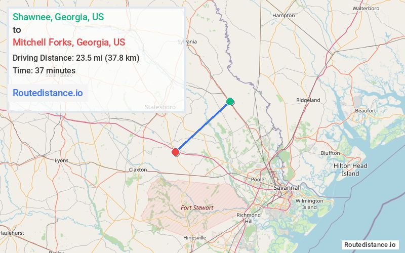 Distance from Shawnee to Mitchell Forks