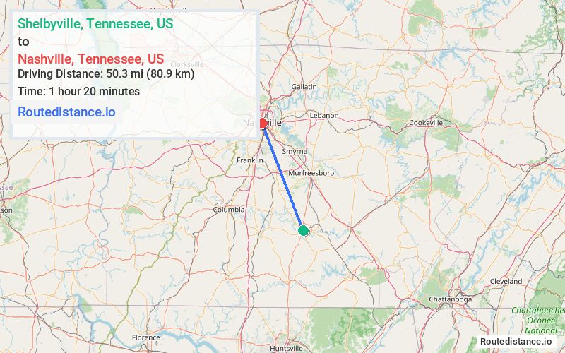 Route map from Shelbyville to Nashville