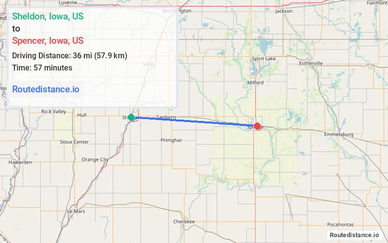 Route map from Sheldon to Spencer