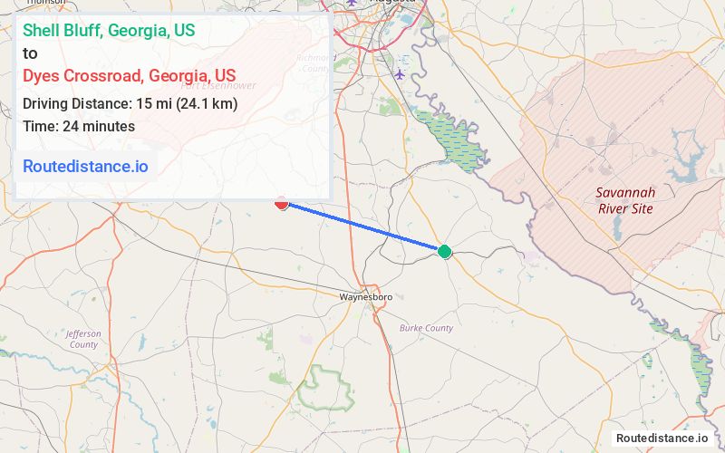 Route map from Shell Bluff to Dyes Crossroad