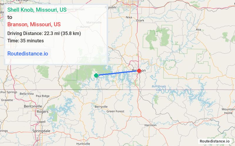 Route map from Shell Knob to Branson