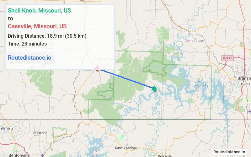 Route map from Shell Knob to Cassville