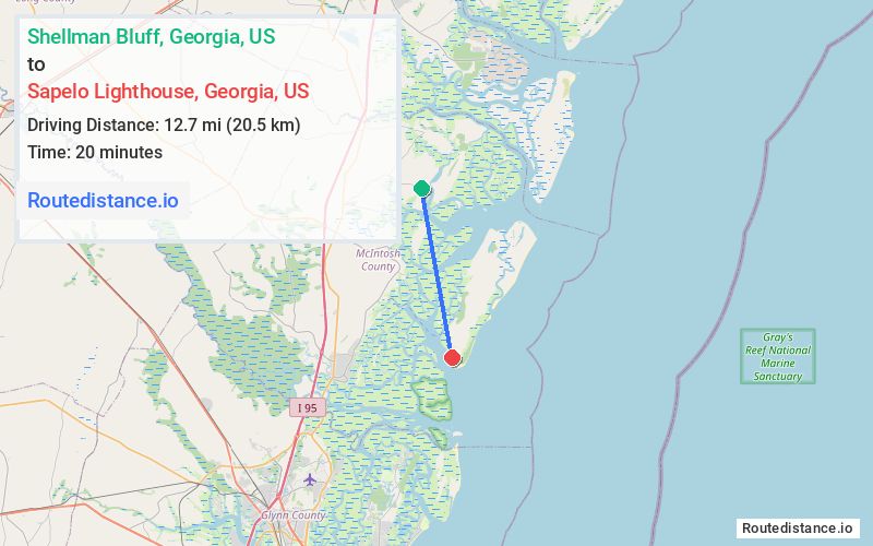Distance from Shellman Bluff to Sapelo Lighthouse