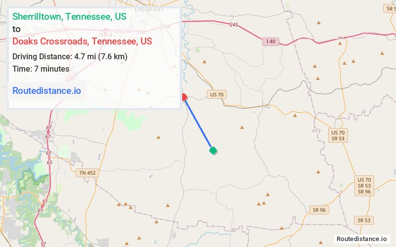 Route map from Sherrilltown to Doaks Crossroads