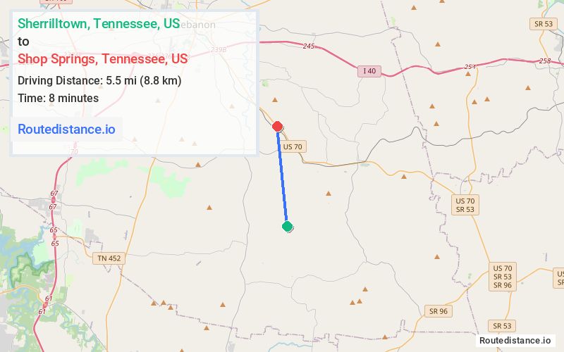 Route map from Sherrilltown to Shop Springs