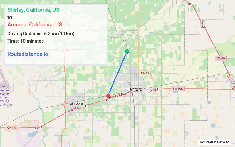 Route map from Shirley to Armona
