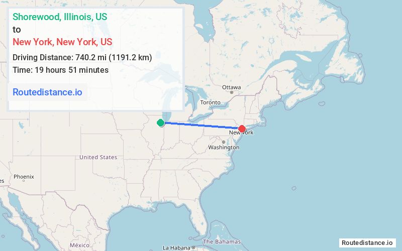 Route map from Shorewood to New York