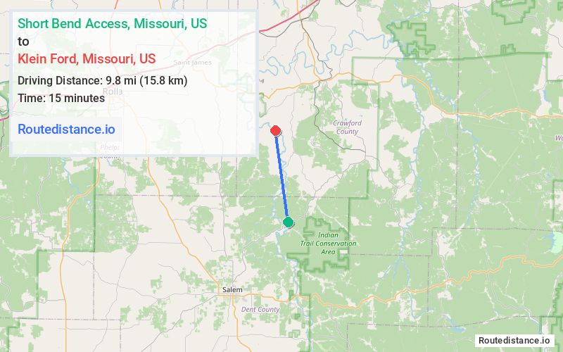 Route map from Short Bend Access to Klein Ford