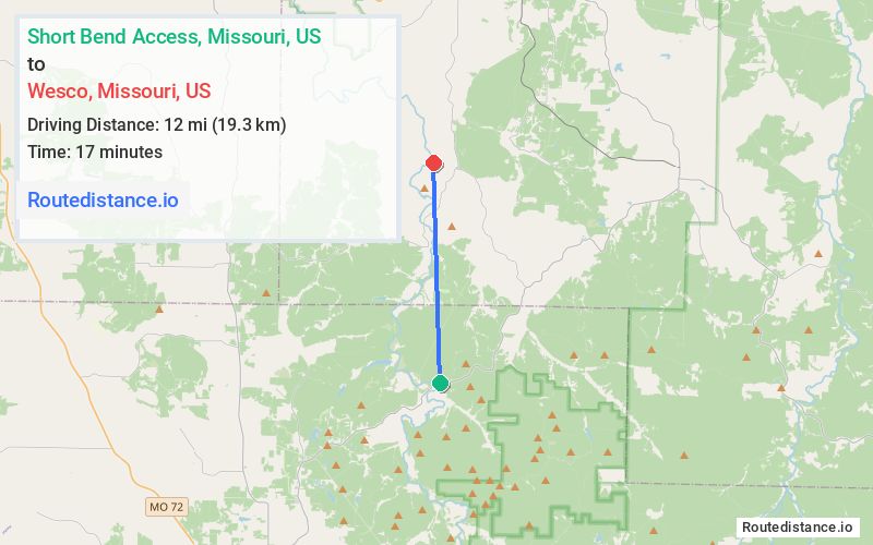 Route map from Short Bend Access to Wesco