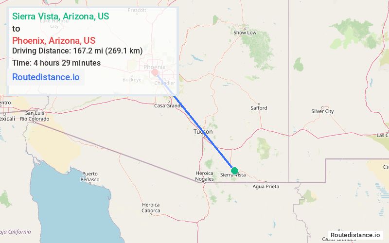 Route map from Sierra Vista to Phoenix