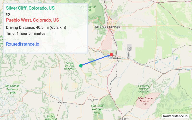 Route map from Silver Cliff to Pueblo West