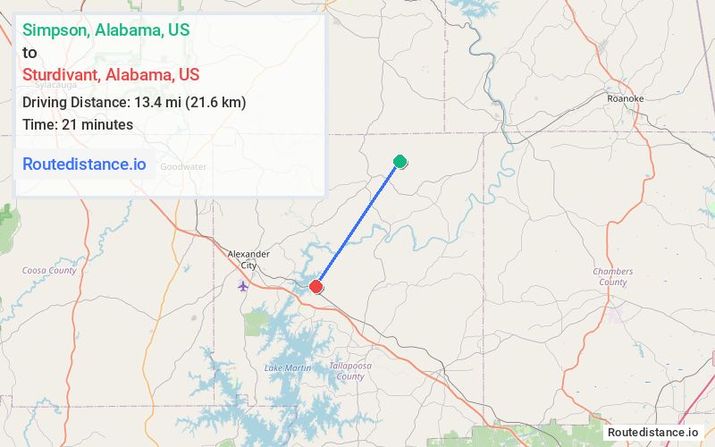 Route map from Simpson to Sturdivant