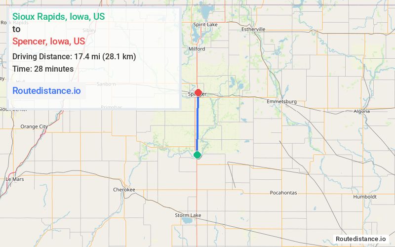 Route map from Sioux Rapids to Spencer