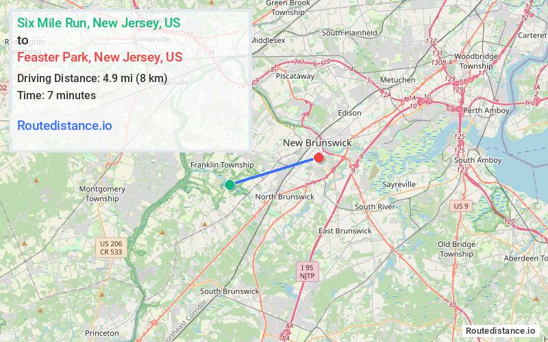 Route map from Six Mile Run to Feaster Park
