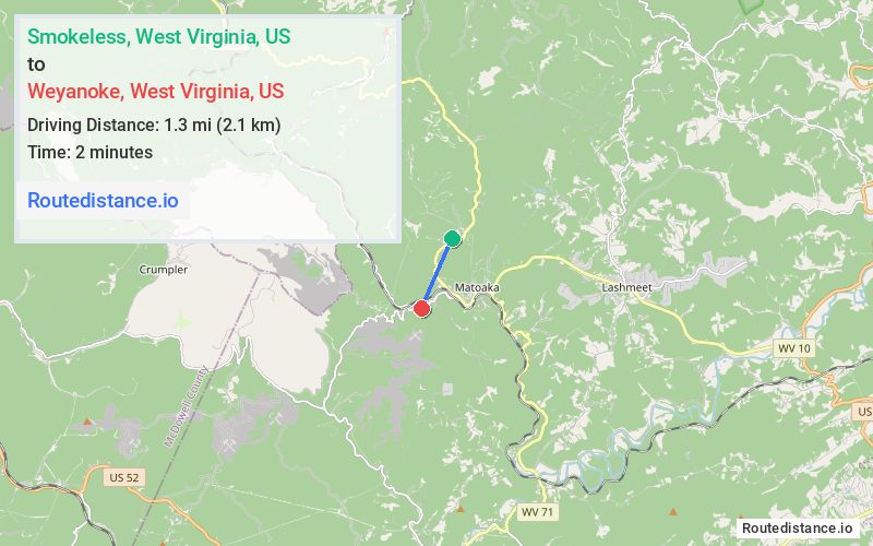 Route map from Smokeless to Weyanoke