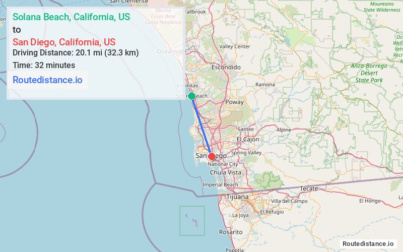 Route map from Solana Beach to San Diego