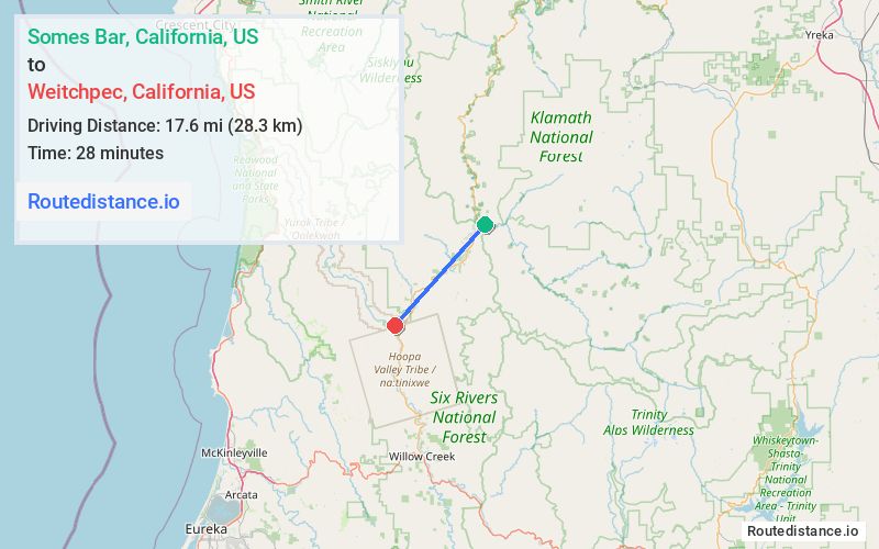 Route map from Somes Bar to Weitchpec