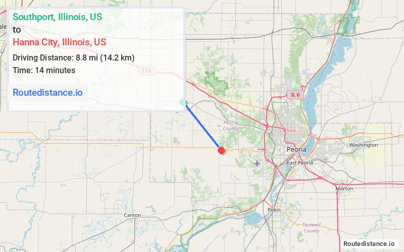 Route map from Southport to Hanna City